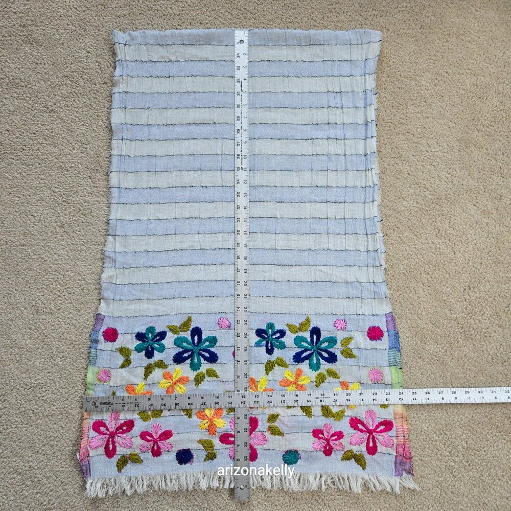 Crinkle Cotton Scarf With Colorful Yarn Flowers Hand-Embroidered Boho - Picture 3 of 12